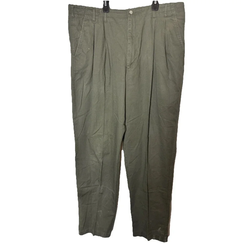 LANDS END 100% Cotton Pants 40x33‎ Army Green Pleated Front